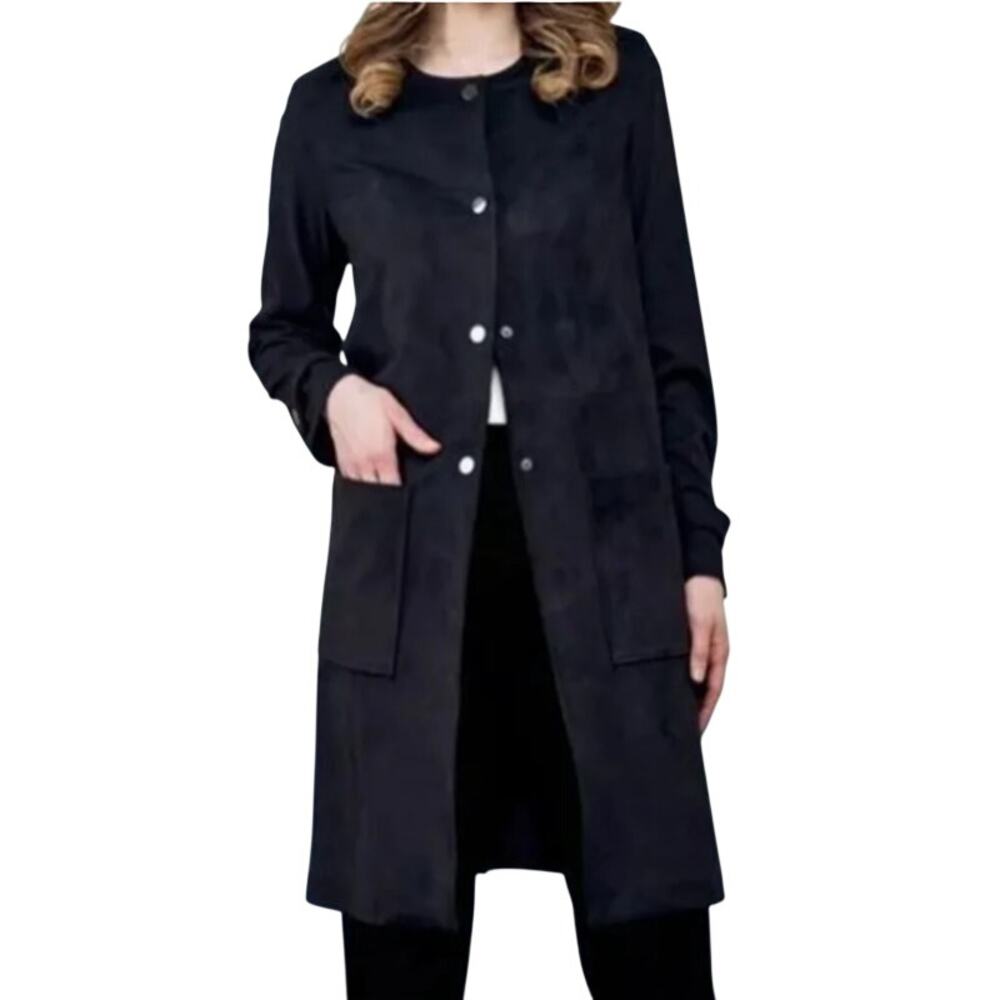 Philosophy Faux Suede Long Jacket Women L Black Snap Front Coat Pockets Duster